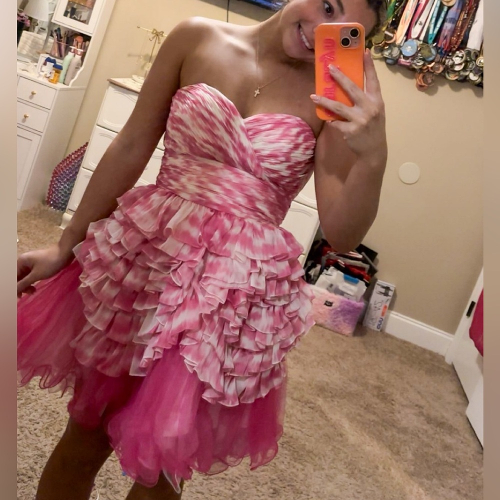 Sherri Hill Pink Strapless Ruffled Prom Dress